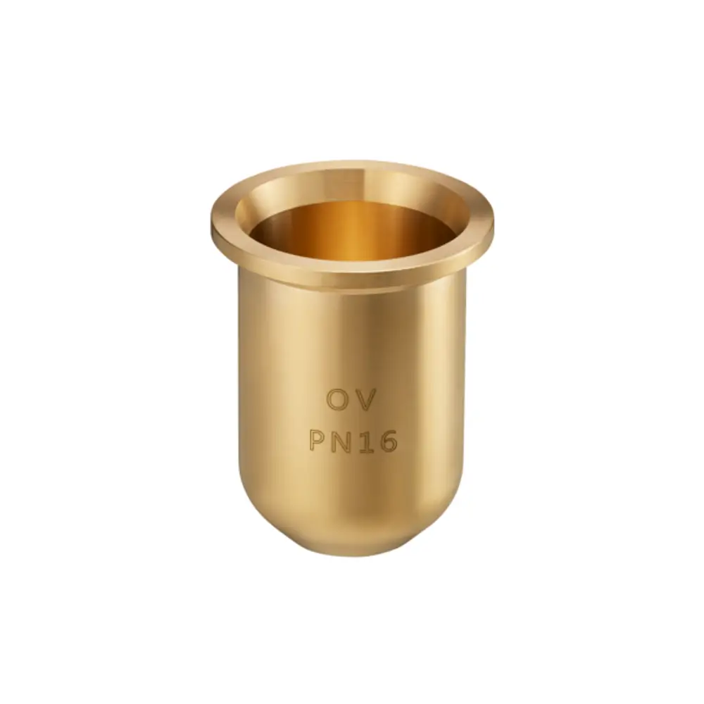 Metalltasse von Oventrop in zylindrischer Form mit glatter Oberfläche und eingravierten Markierungen. Geeignet für Anwendungen mit einem Nenndruck von 16.